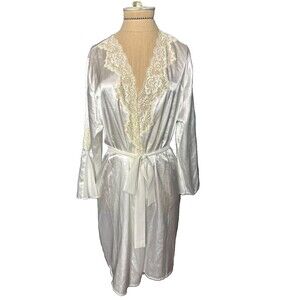 Oscar de la Renta Robe Womens Large White Black Lace Satin Kimono Pink Label